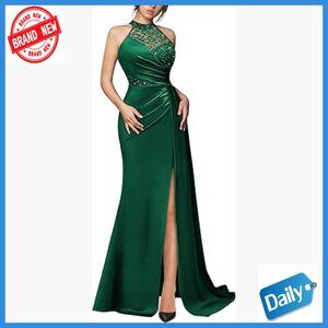 Sequin Lace Halter Maxi Dress Formal Evening Party Gown A-Line